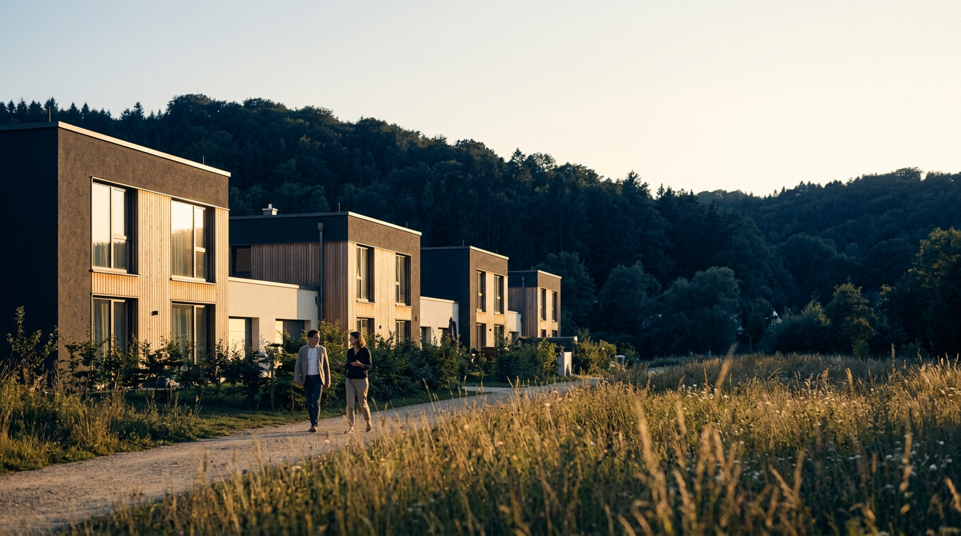 Glückliche Familie vor modernem Smart Home Neubau