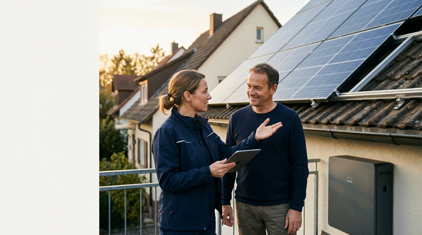 Moderne Photovoltaik-Anlage auf einem Hausdach im hellen Sonnenlicht als Symbolbild für die Solar-Plus-Speicher-Prämie 2026