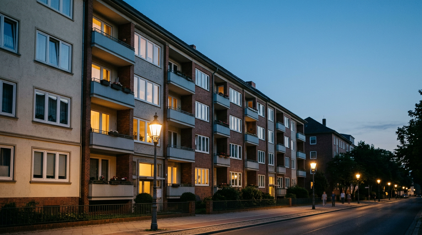 Blick über das Gründach und Solarmodule auf ein Wohnviertel